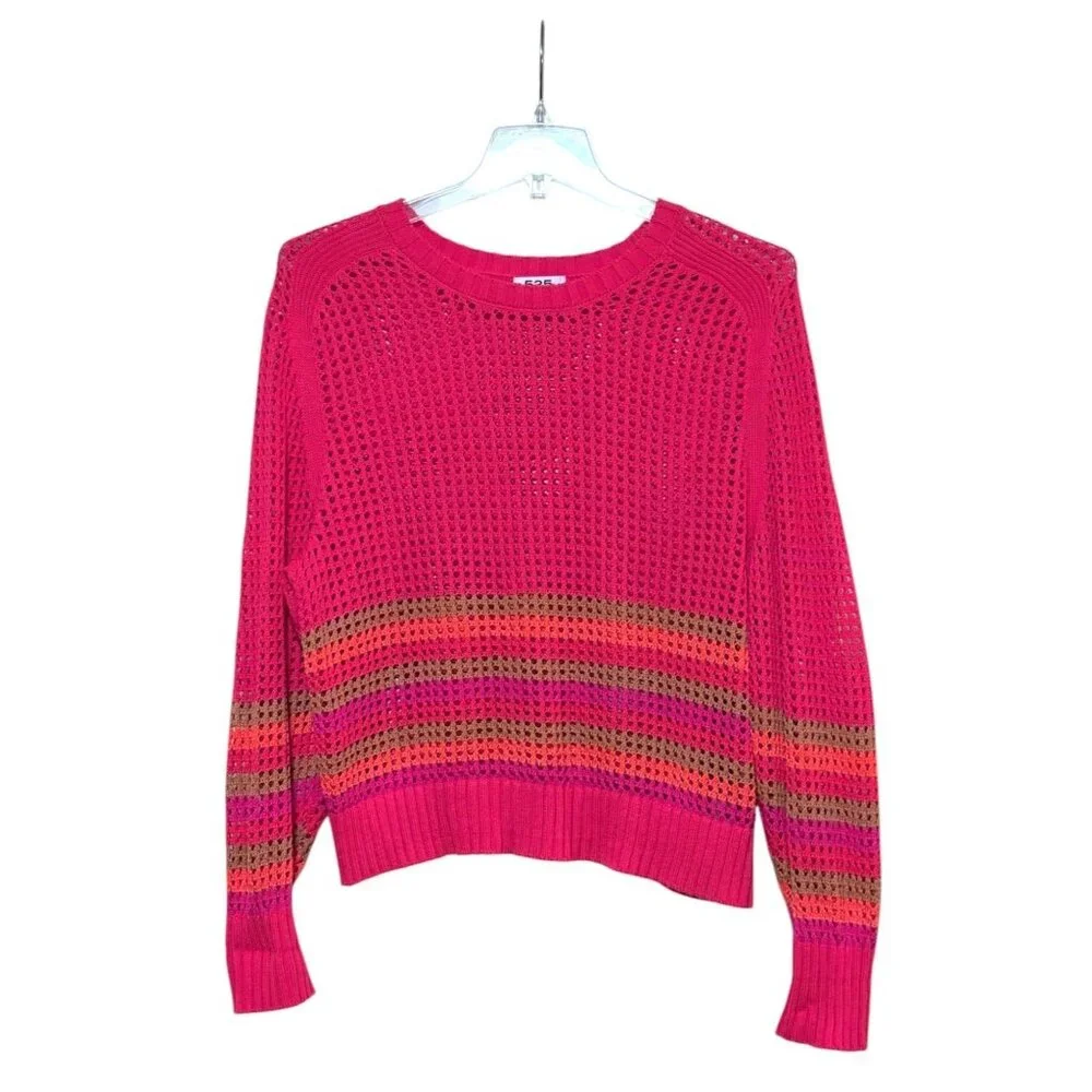 525 Striped Top L Fishnet Open Knit Crochet Cover Up Maximalist Resort Cruise - Picture 3 of 8